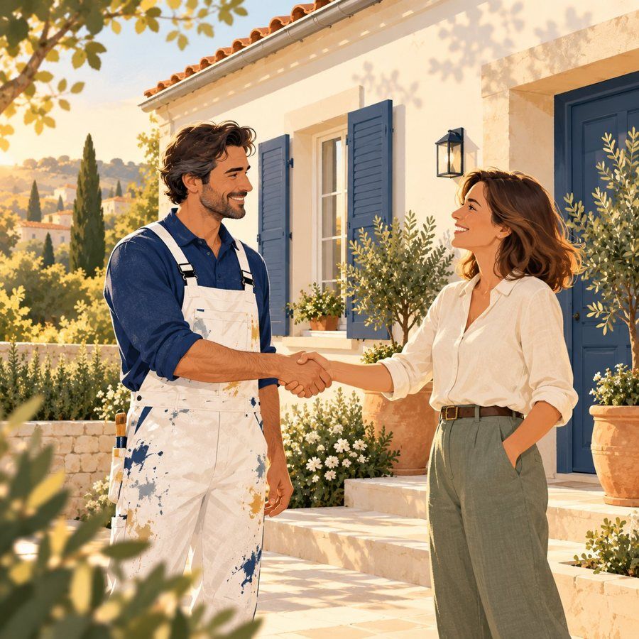 Un artisan et un client se serrent la main devant une maison rénovée