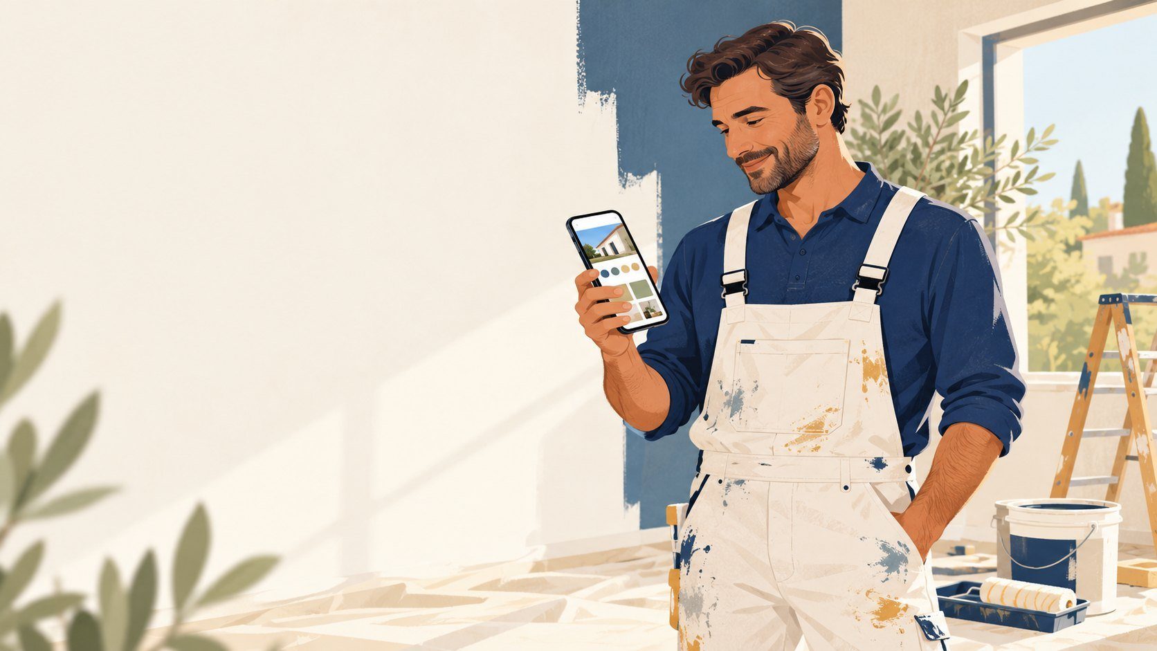 Un artisan peintre sur son chantier consulte son site sur son téléphone