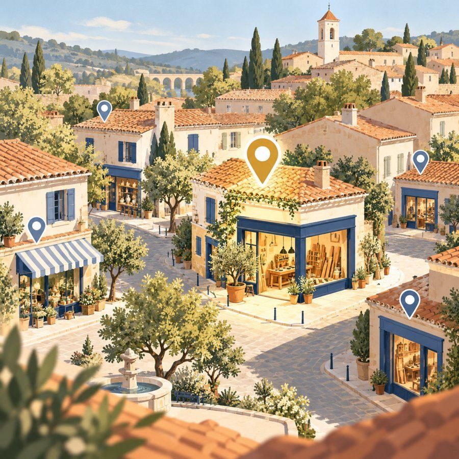 Une ville vue d'en haut, avec les ateliers d'artisans signalés par des repères de carte